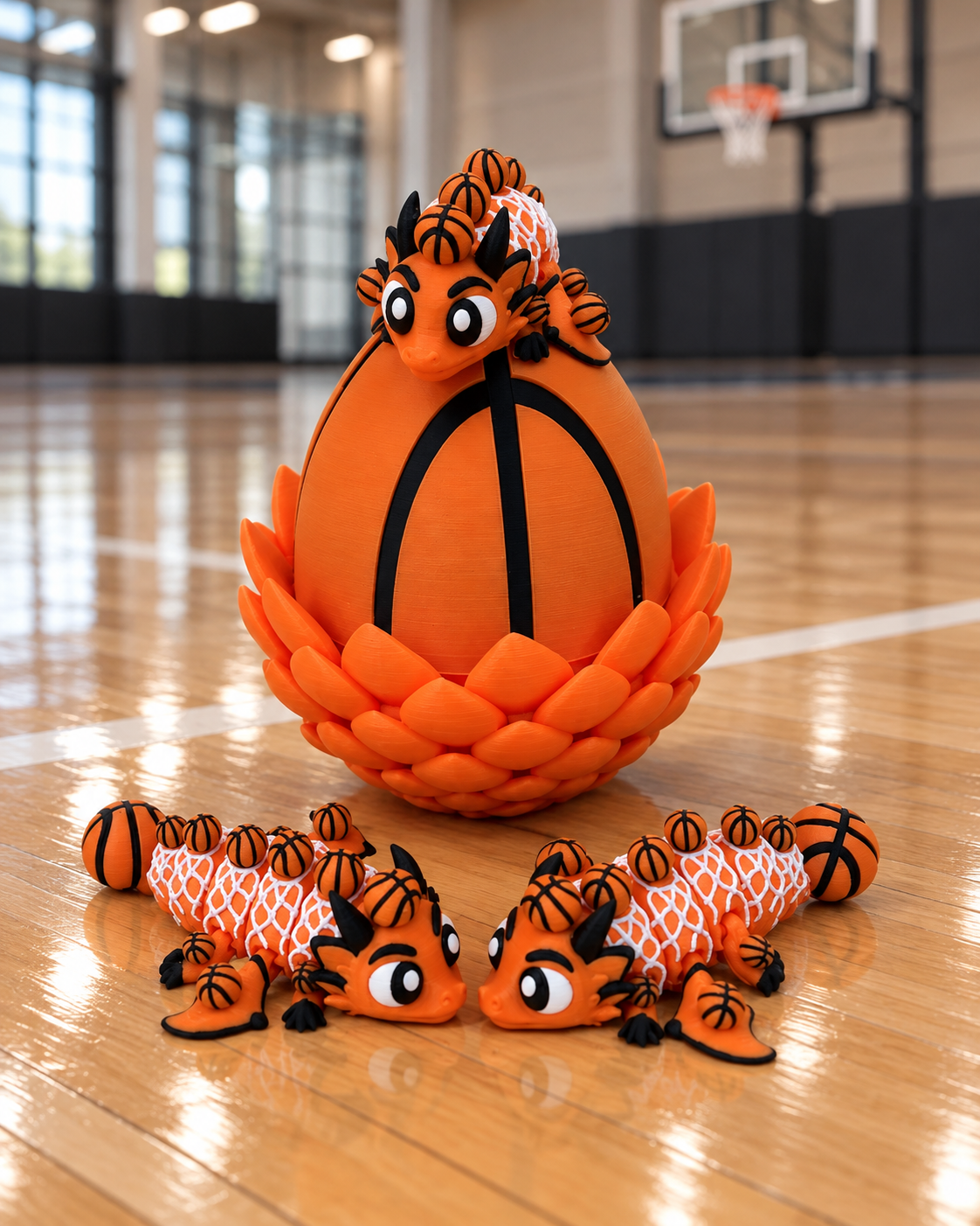 Basketball Dragon & Egg on a court