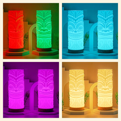 Tiki lamps glowing red, green, blue and purple