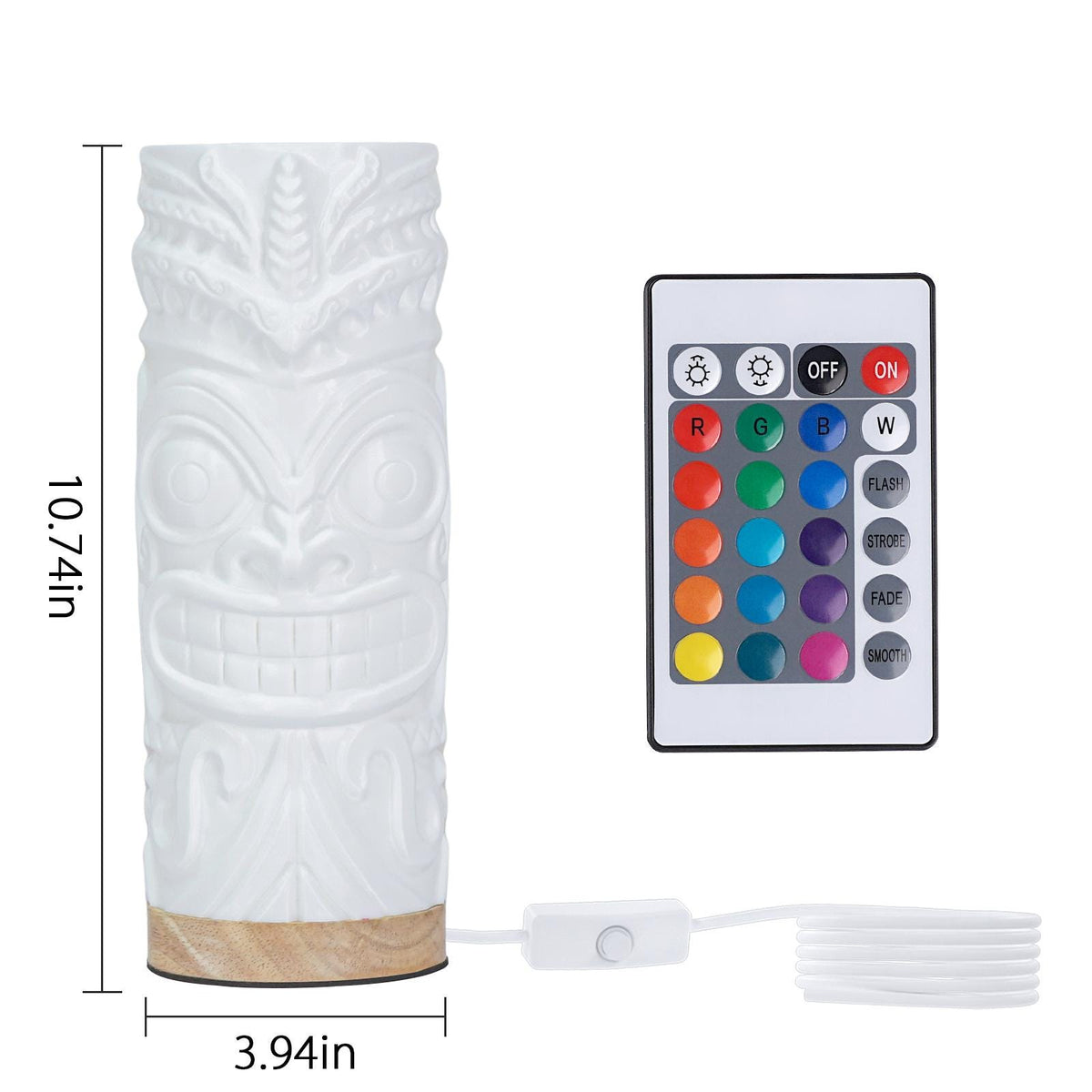 Tiki lamp dimensions 10.74 x 3.94 in with remote control and USB cable