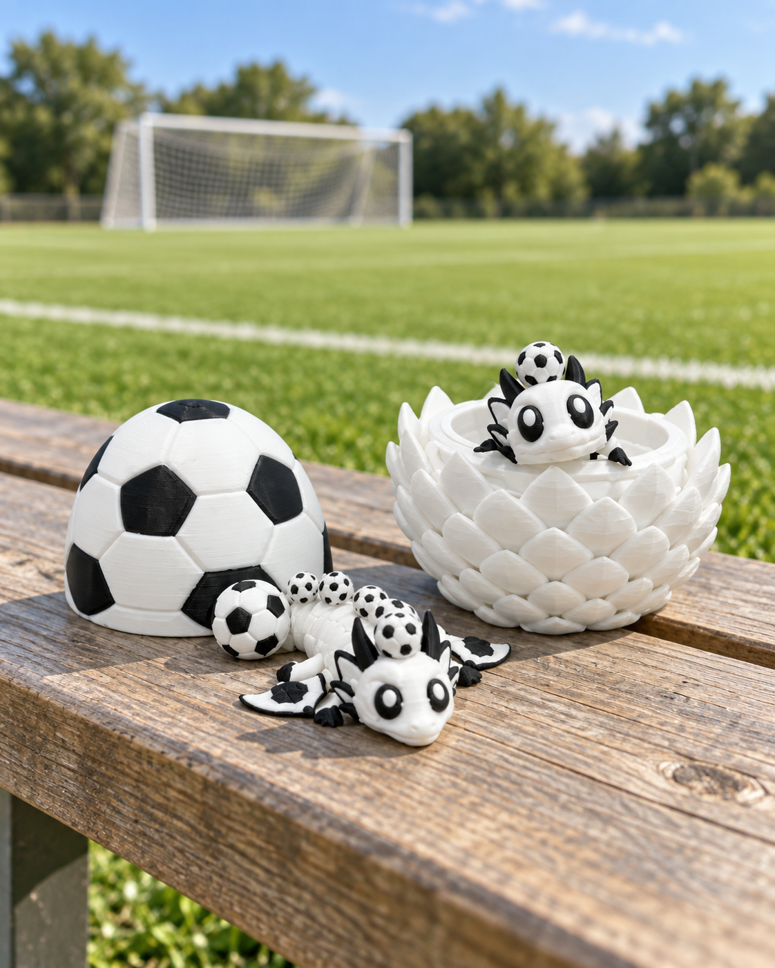 Soccer Dragon & Egg on a pitch-side bench
