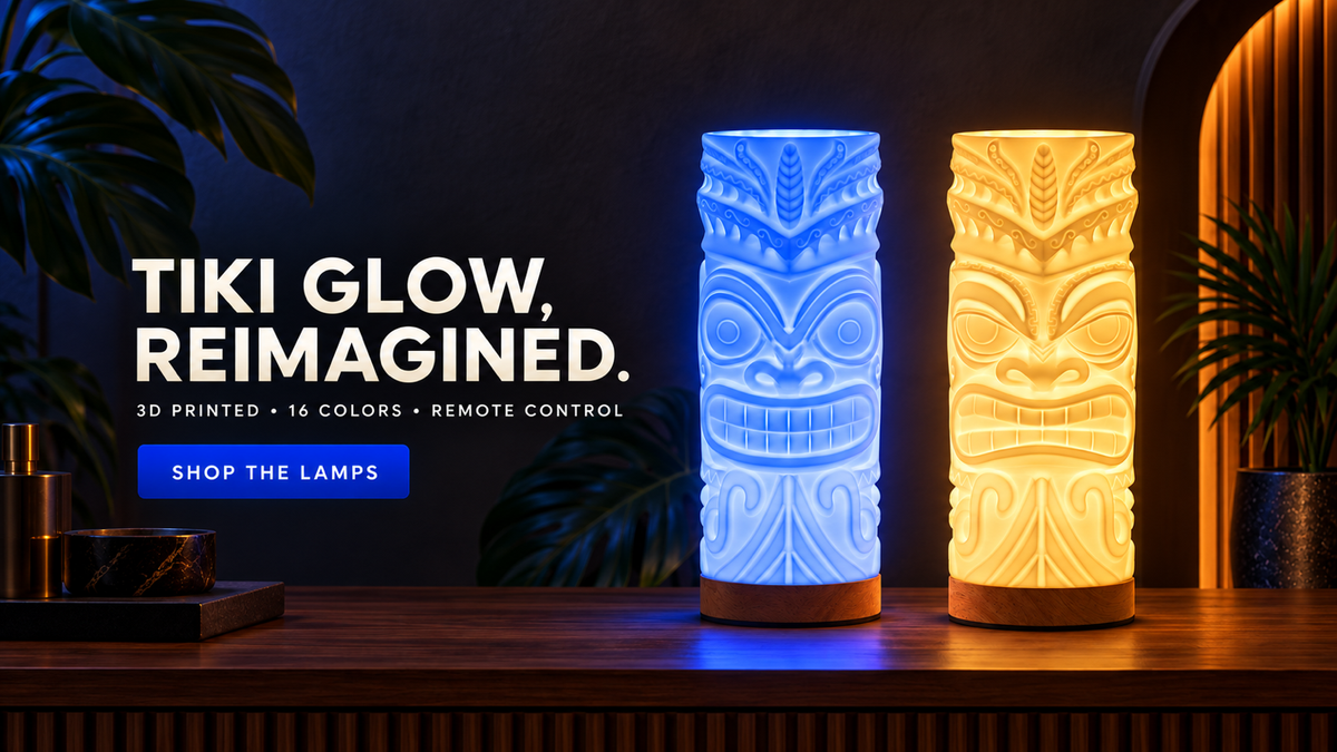 Tiki Glow, Reimagined – 3D printed tiki lamps, 16 colors, remote control